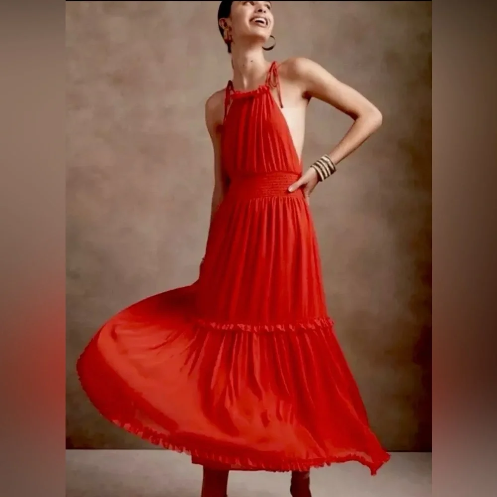 BANANA REPUBLIC Red Ruffle Halter Neck Maxi Dress - Picture 2 of 7